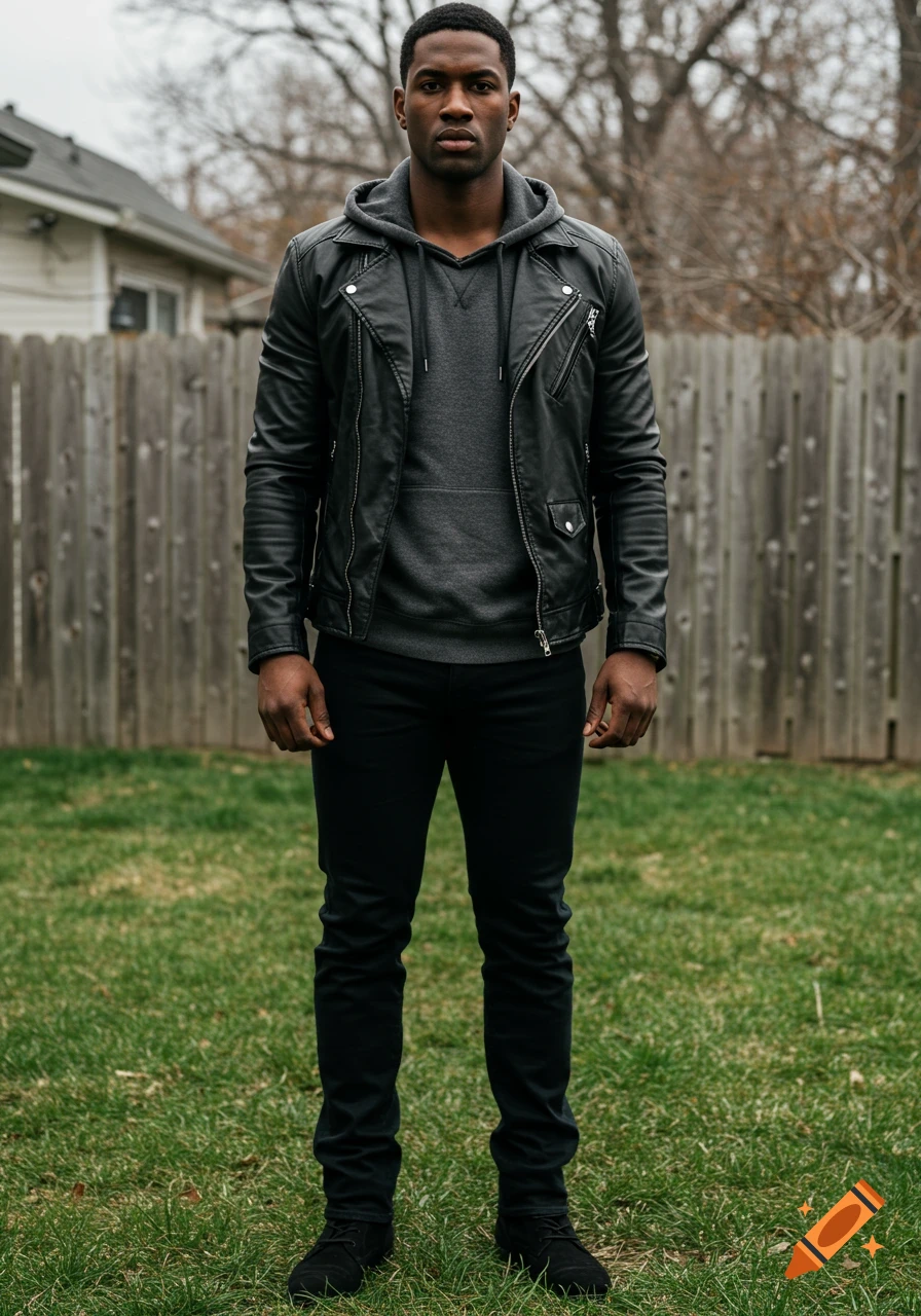 Photorealistic full-body portrait of a tall, athletic man in a black leather jacket, charcoal hoodie, dark jeans, and black boots standing in a grassy backyard with a wooden fence.