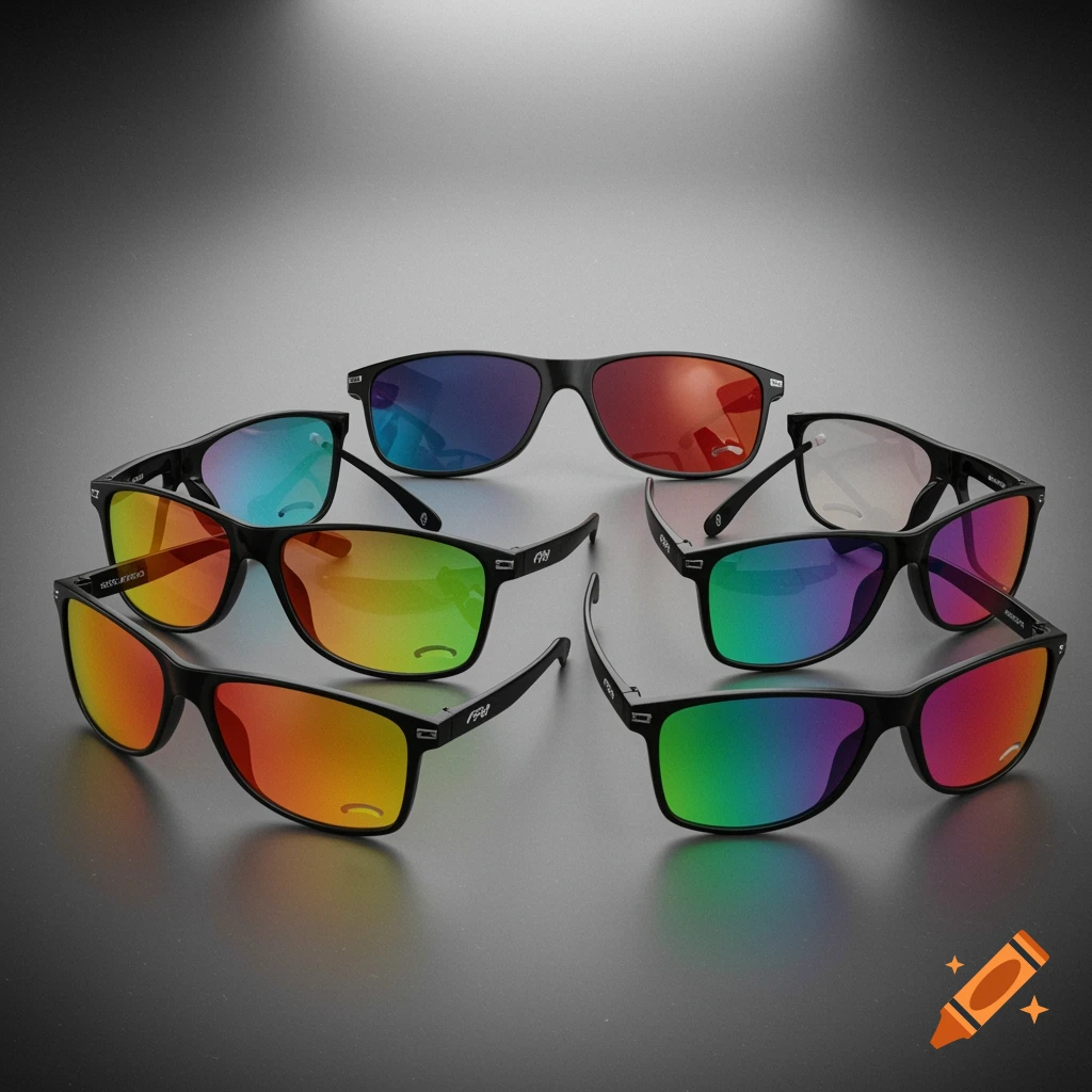 Multiple pairs of black-framed sunglasses with reflective rainbow lenses arranged on a grey surface.