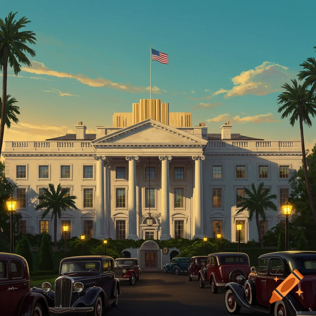 An art deco style White House with a golden stepped roof, an American flag, palm trees, and vintage cars parked on the driveway at sunset.