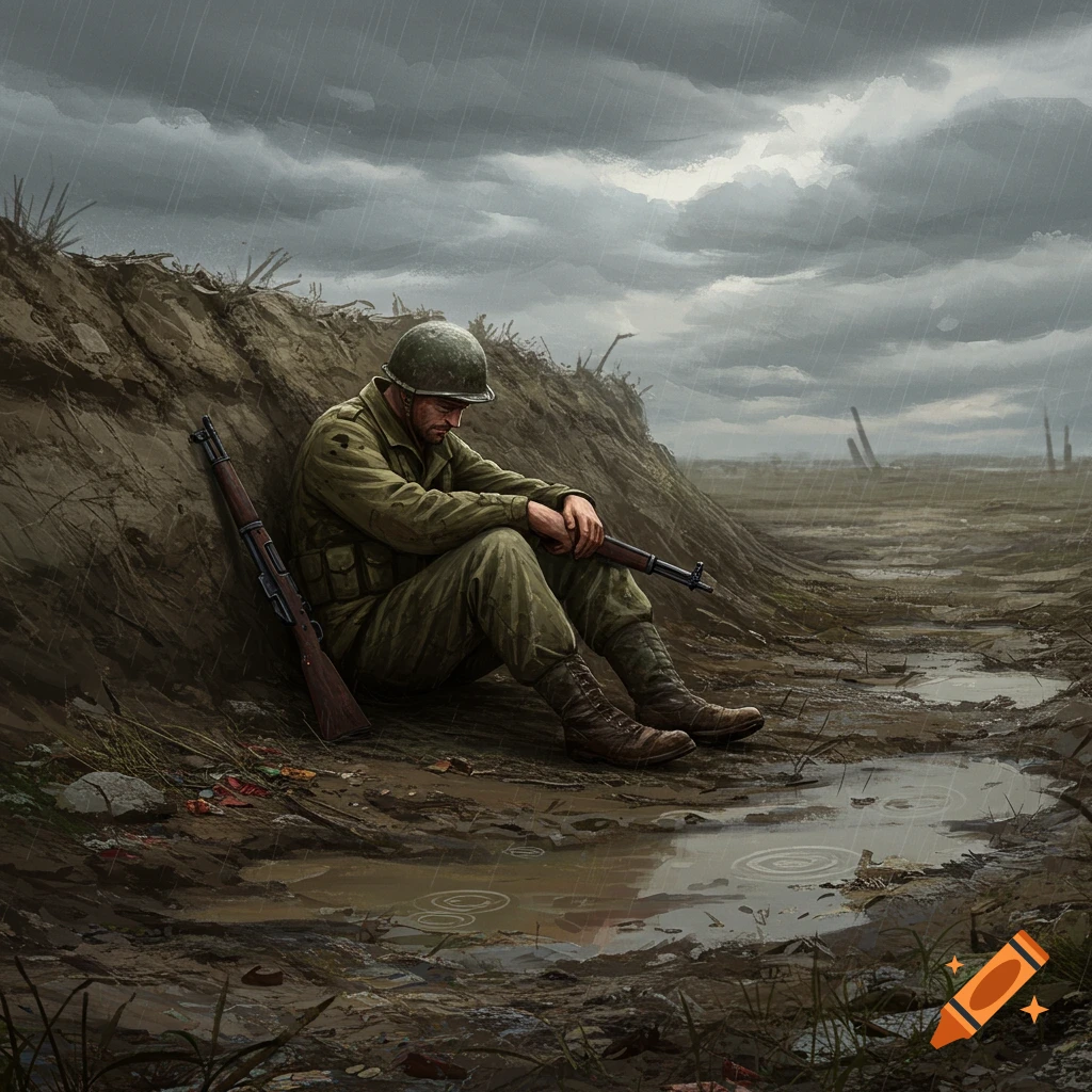 A lone soldier sits in a muddy trench in the pouring rain, looking somberly at his rifle.