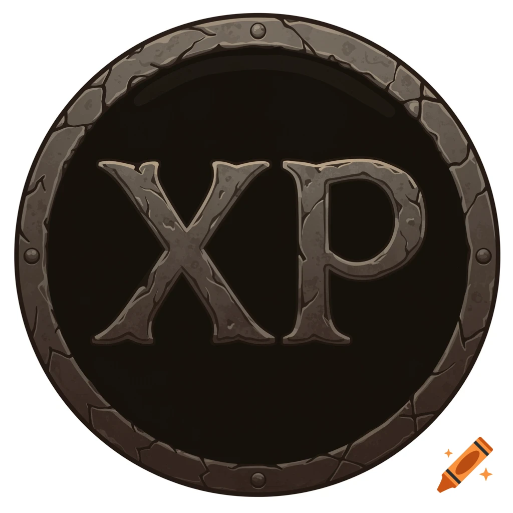 A dark, circular icon with a stony, cracked border, featuring the capital letters XP in a matching rough texture, typical of a fantasy or gaming theme.