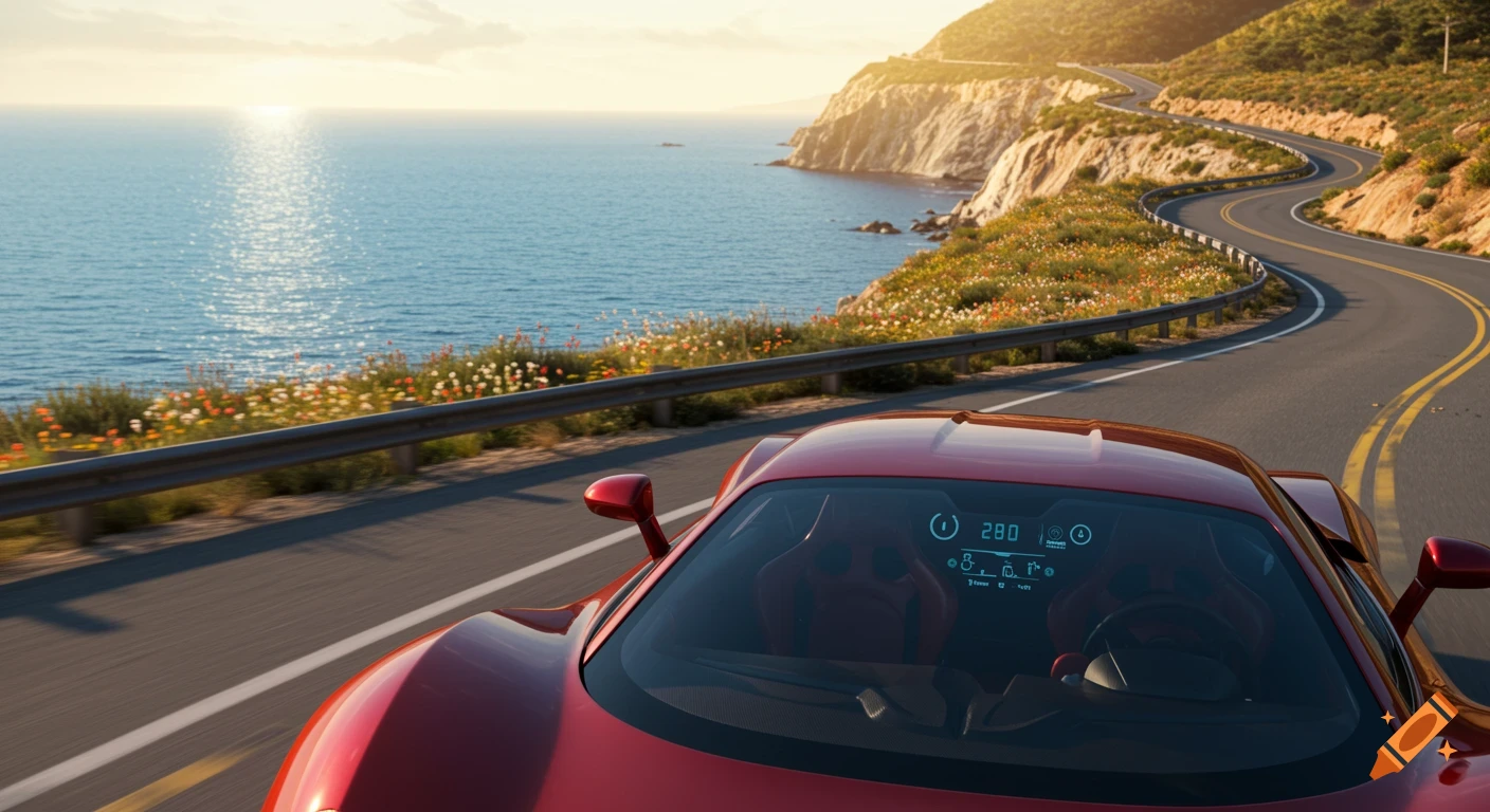 A red supercar drives along a winding coastal road at sunset, with the ocean reflecting the sun.