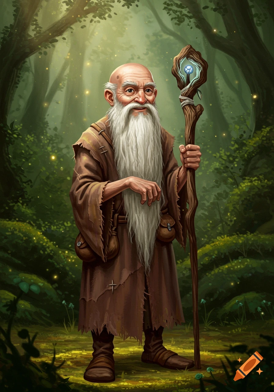 An old, bald man with a long white beard stands in a magical forest, holding a glowing staff. Digital painting.
