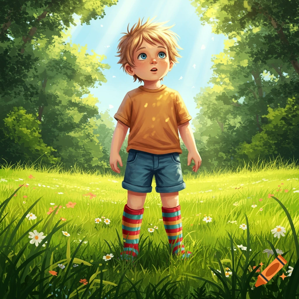 A cartoon boy with blonde hair and blue eyes stands in a vibrant green meadow with flowers, looking up at light streaming through trees.