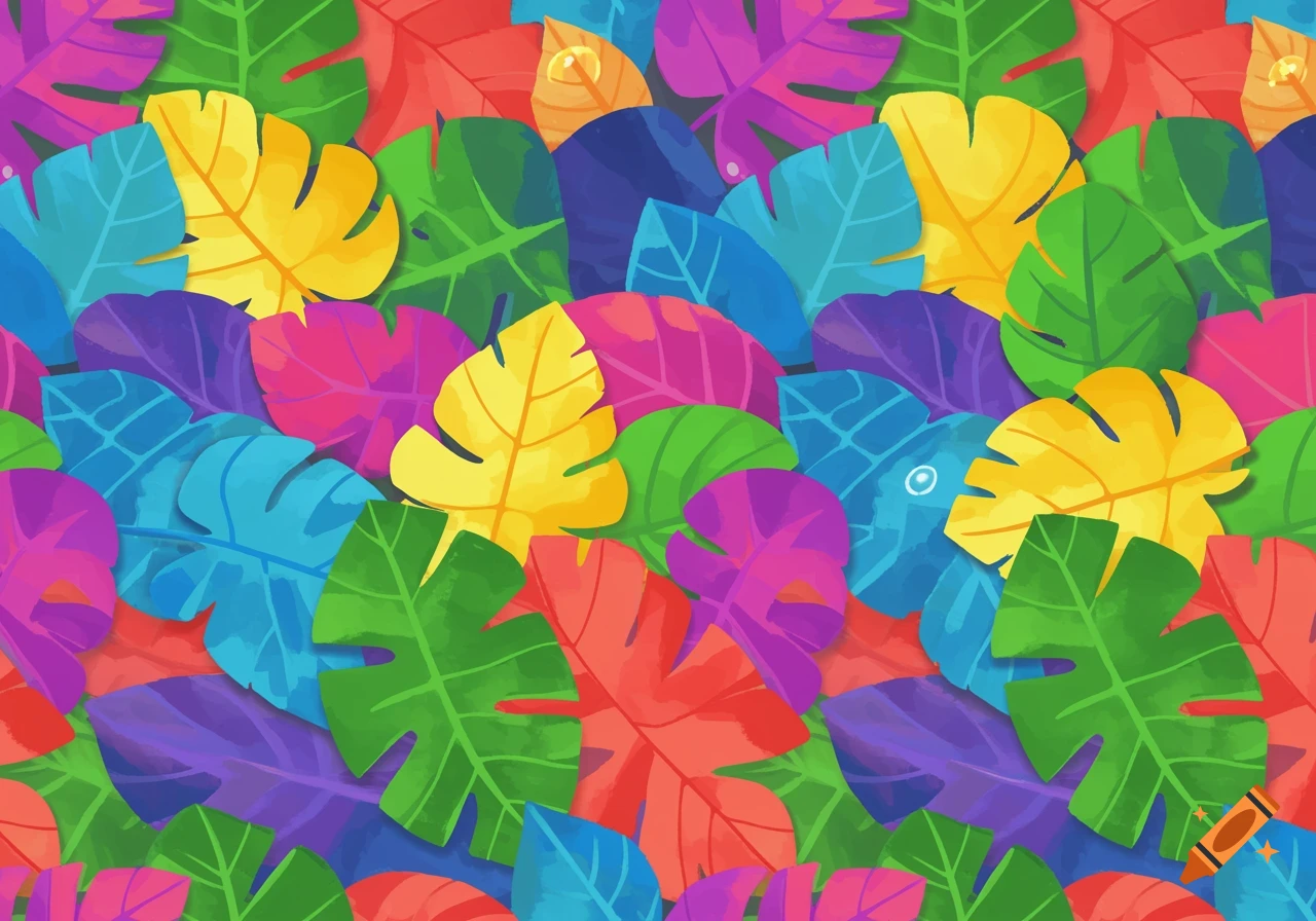 A vibrant, cartoon-style seamless pattern of overlapping tropical leaves in shades of red, blue, green, yellow, and purple.