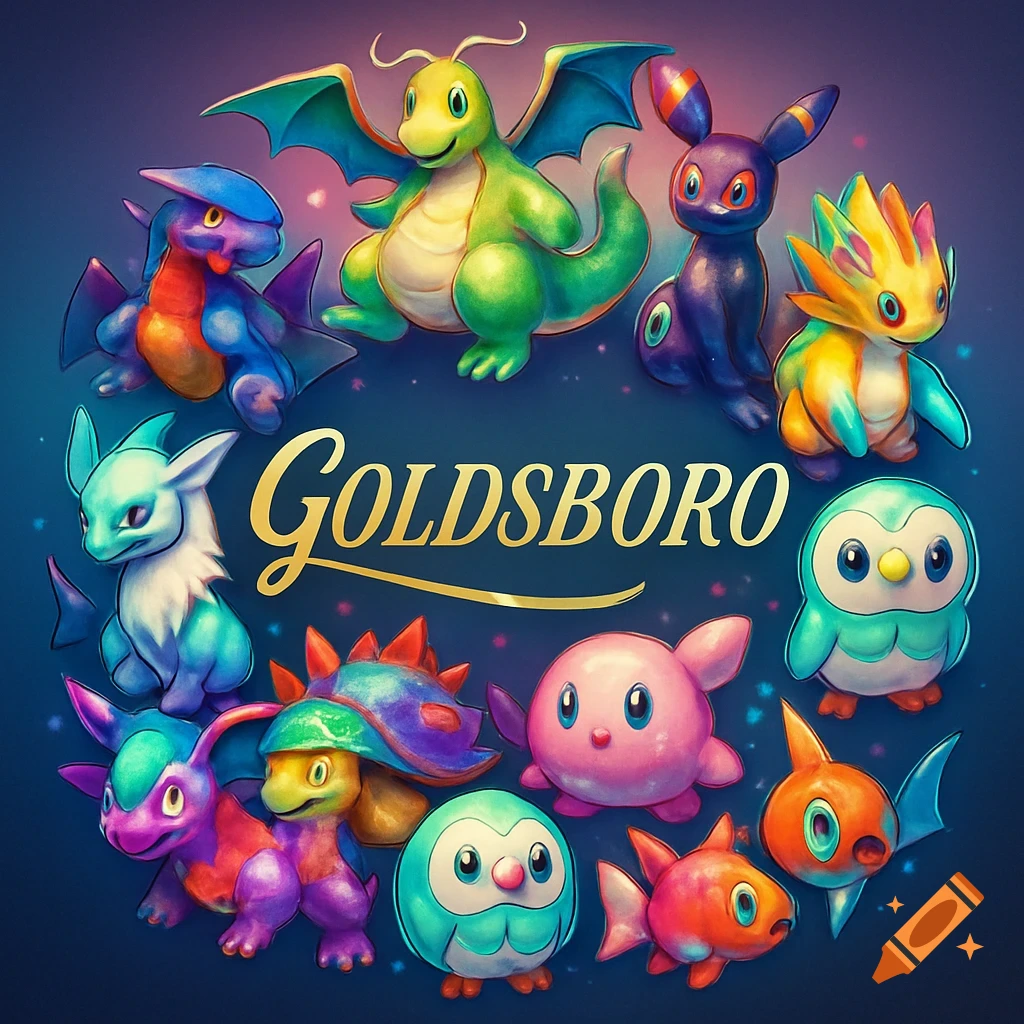 A colorful circular arrangement of shiny, cartoon-style Pokemon-like creatures surrounding the golden word GOLDSBORO.
