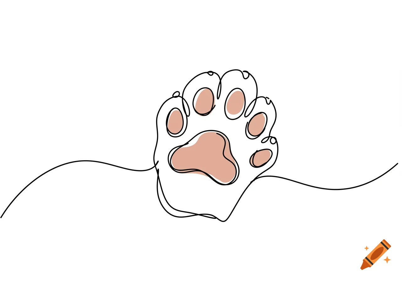 A simple, continuous line drawing of a cat's paw with light brown toe pads on a white background.