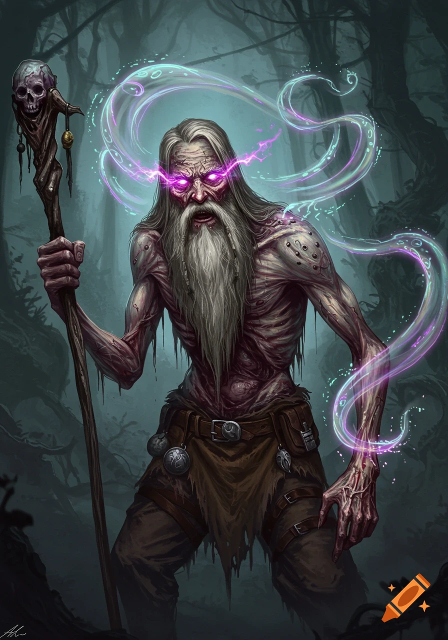 An old, emaciated wizard or barbarian with a long white beard and glowing purple eyes, holding a skull-topped staff, stands in a dark forest with swirling magic.