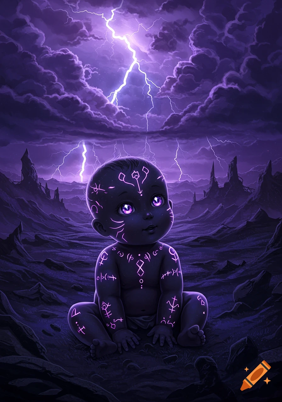 A dark anime baby with glowing purple tattoos sits in a desolate purple landscape under stormy, lightning-filled skies.