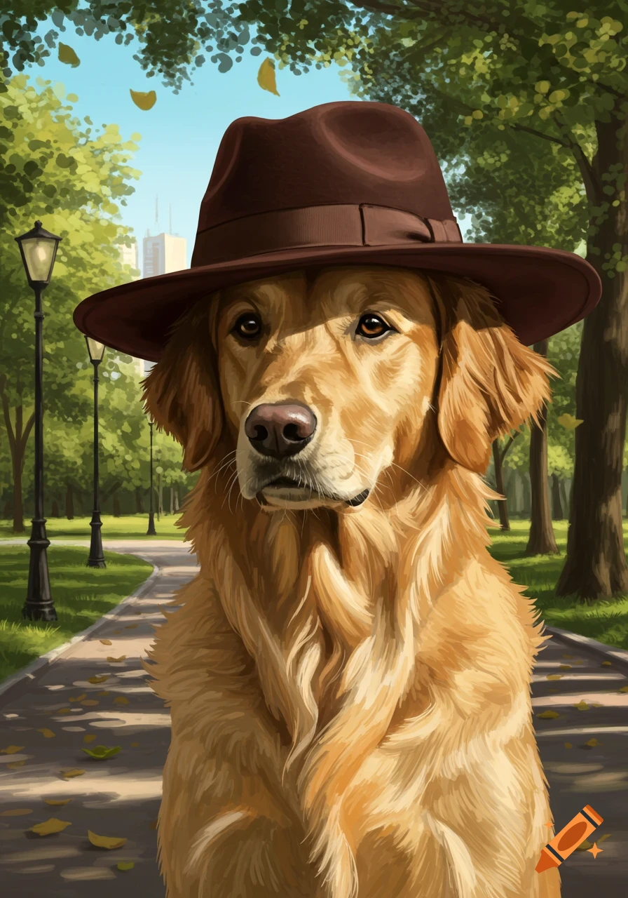 A golden retriever wearing a brown fedora poses in a sunny park. The image has a painterly style.
