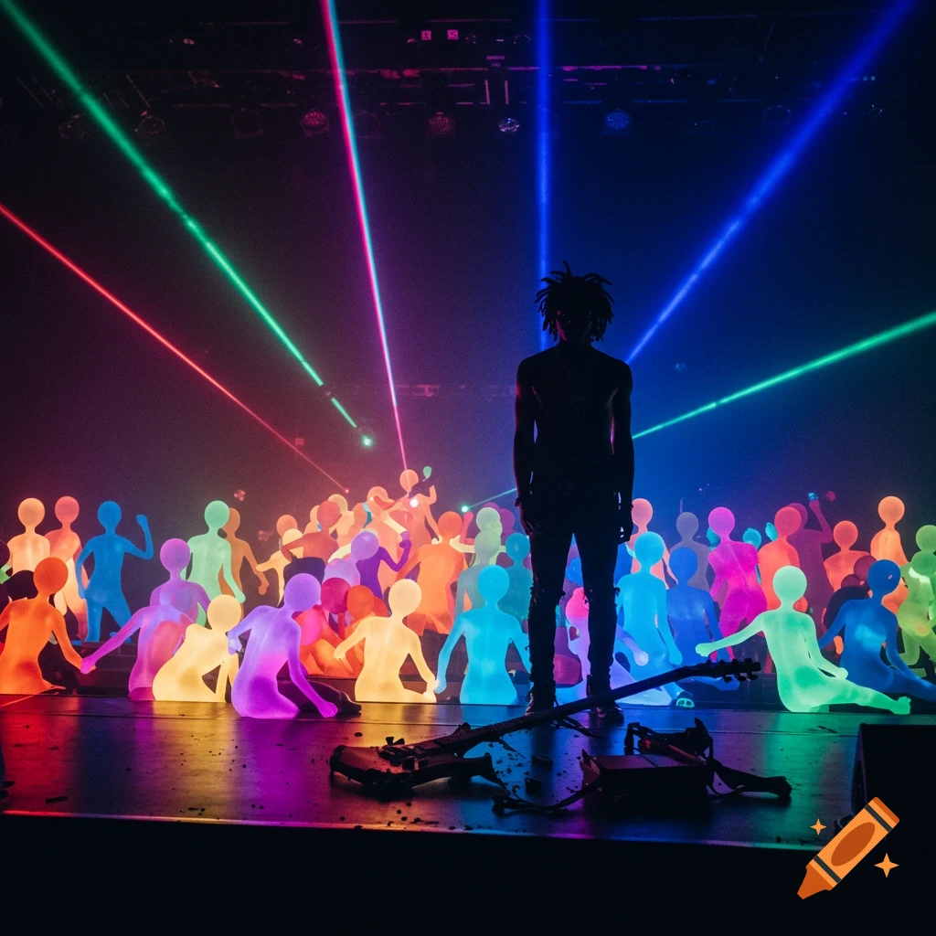 A silhouetted rockstar on stage faces a colorful, glowing crowd of humanoid figures under neon laser lights, with a broken guitar on the floor.