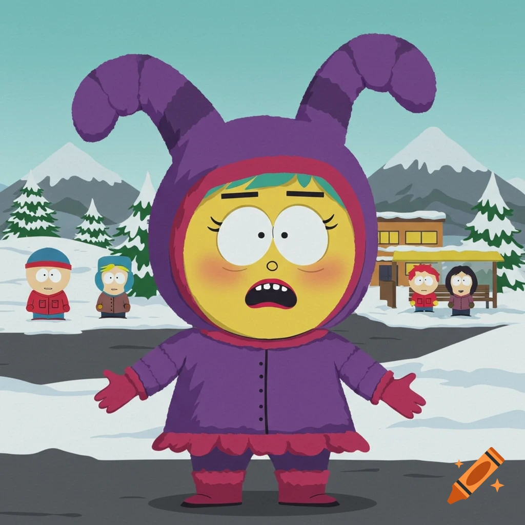 Pomni in a purple bunny costume standing in a snowy South Park town with Stan, Kyle, Cartman, and Wendy.