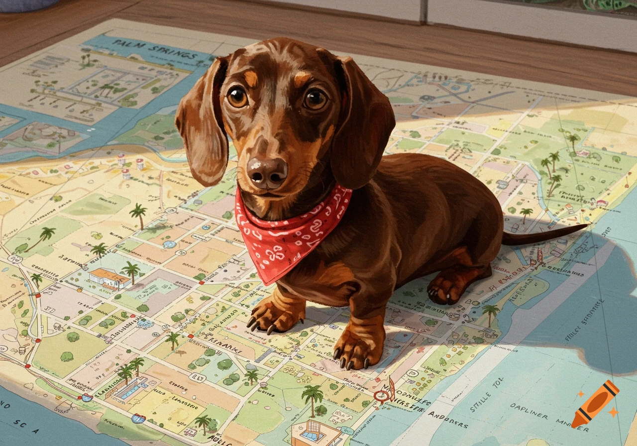 A cute brown dachshund wearing a red bandana sits on a detailed map of Palm Springs.