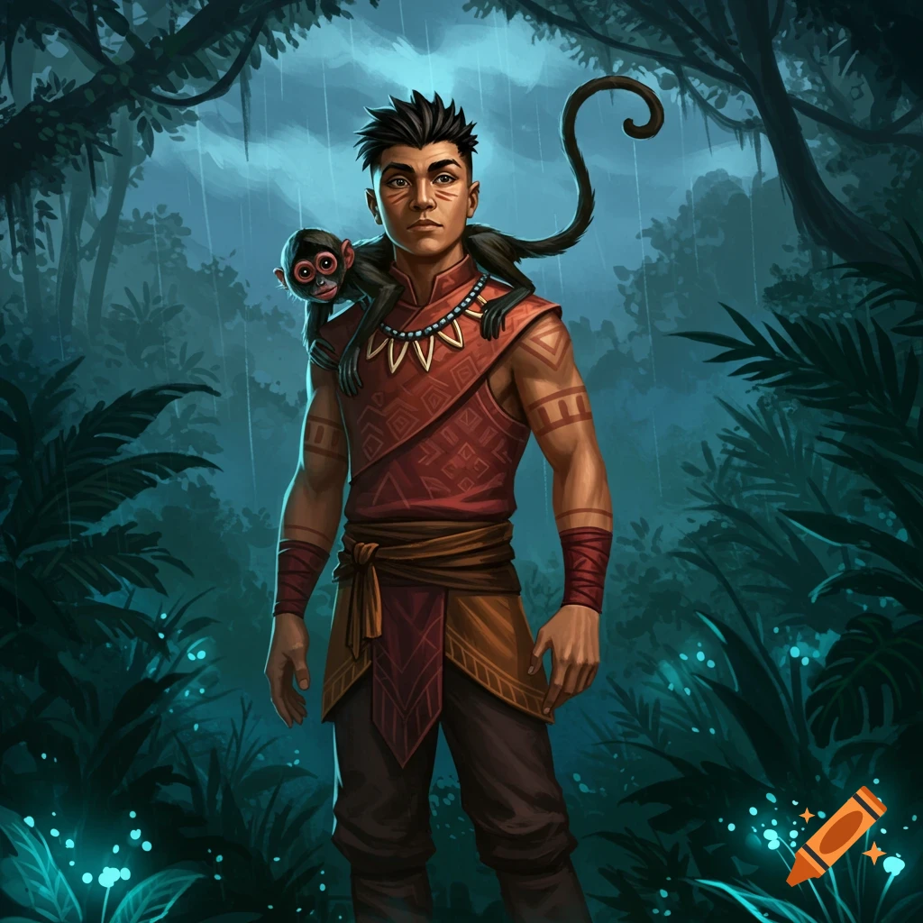 A young man with a spider monkey on his shoulder stands in a rainy, dark jungle with glowing plants.
