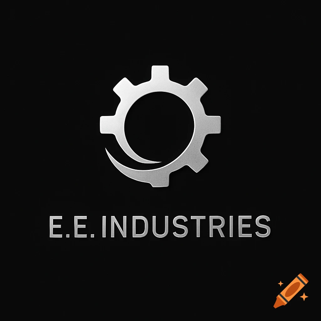 A sleek, modern silver gear logo with a swirl inside and 'E.E. INDUSTRIES' text below, on a black background.