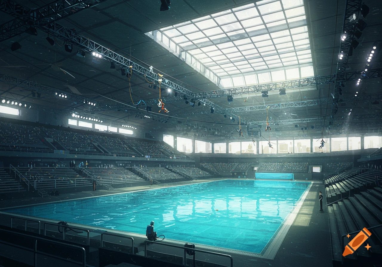 An indoor swimming pool arena with a large glass roof, bleachers, and people suspended on zip lines above the water.