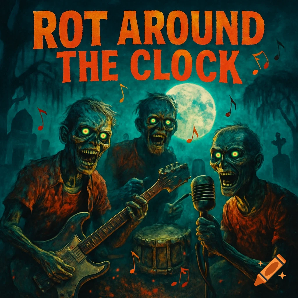 A zombie band performs in a graveyard under a full moon, with the album cover text "ROT AROUND THE CLOCK" above them.