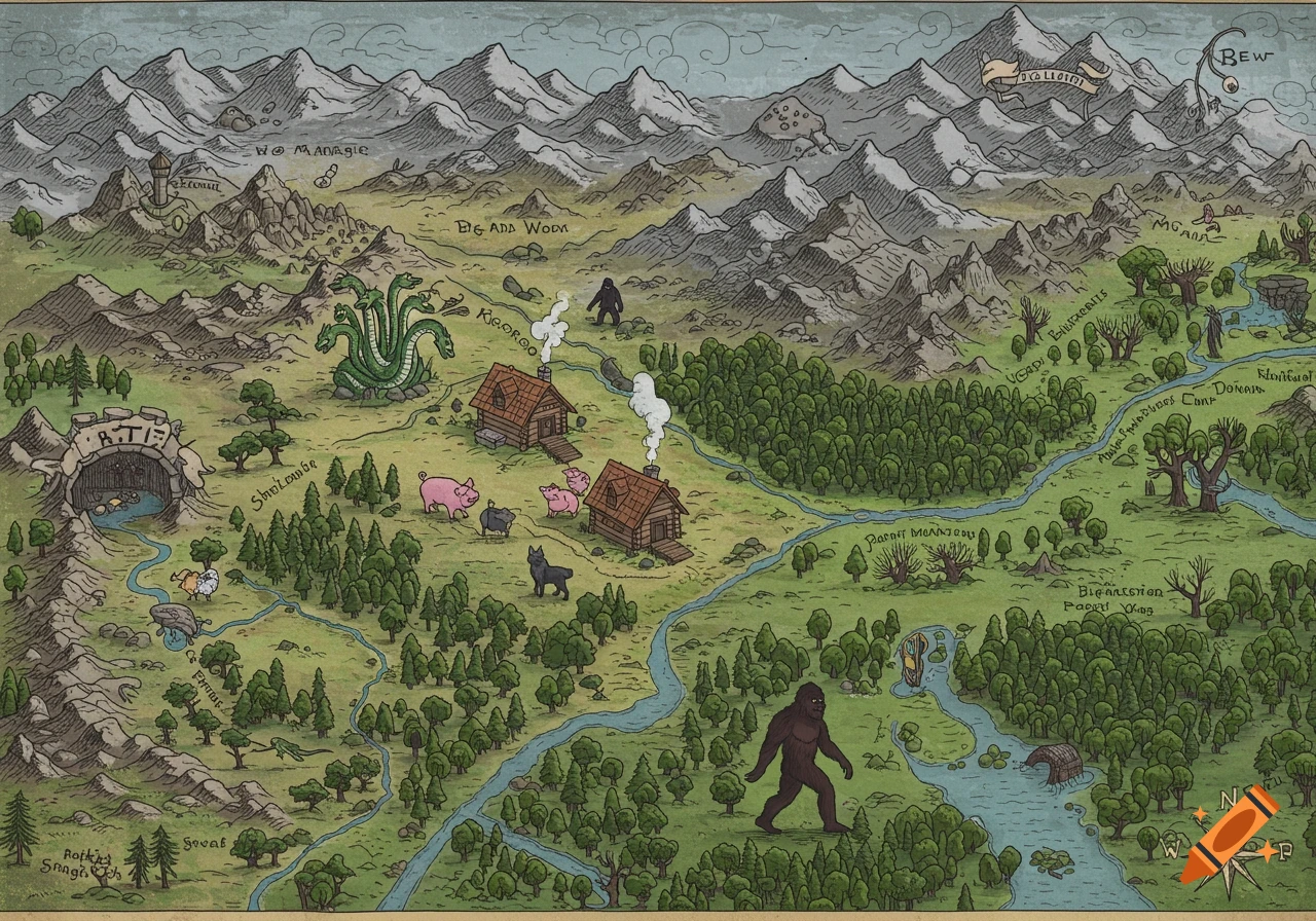 A detailed, hand-drawn fantasy map illustrating mountains, rivers, forests, cabins, and various creatures including a hydra, Bigfoot, pigs, and a wolf.