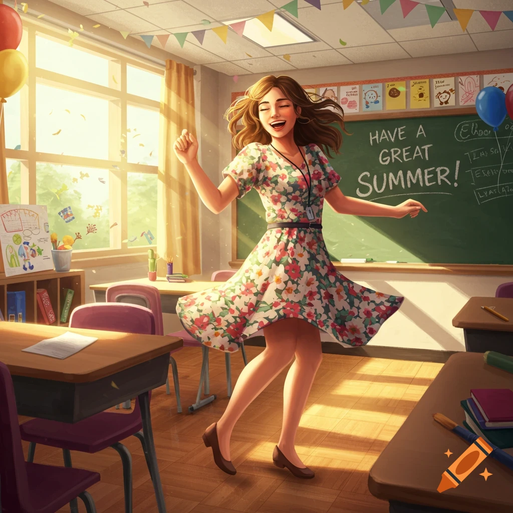 A smiling female teacher in a floral dress dances in a sunlit classroom with "HAVE A GREAT SUMMER!" written on the blackboard.