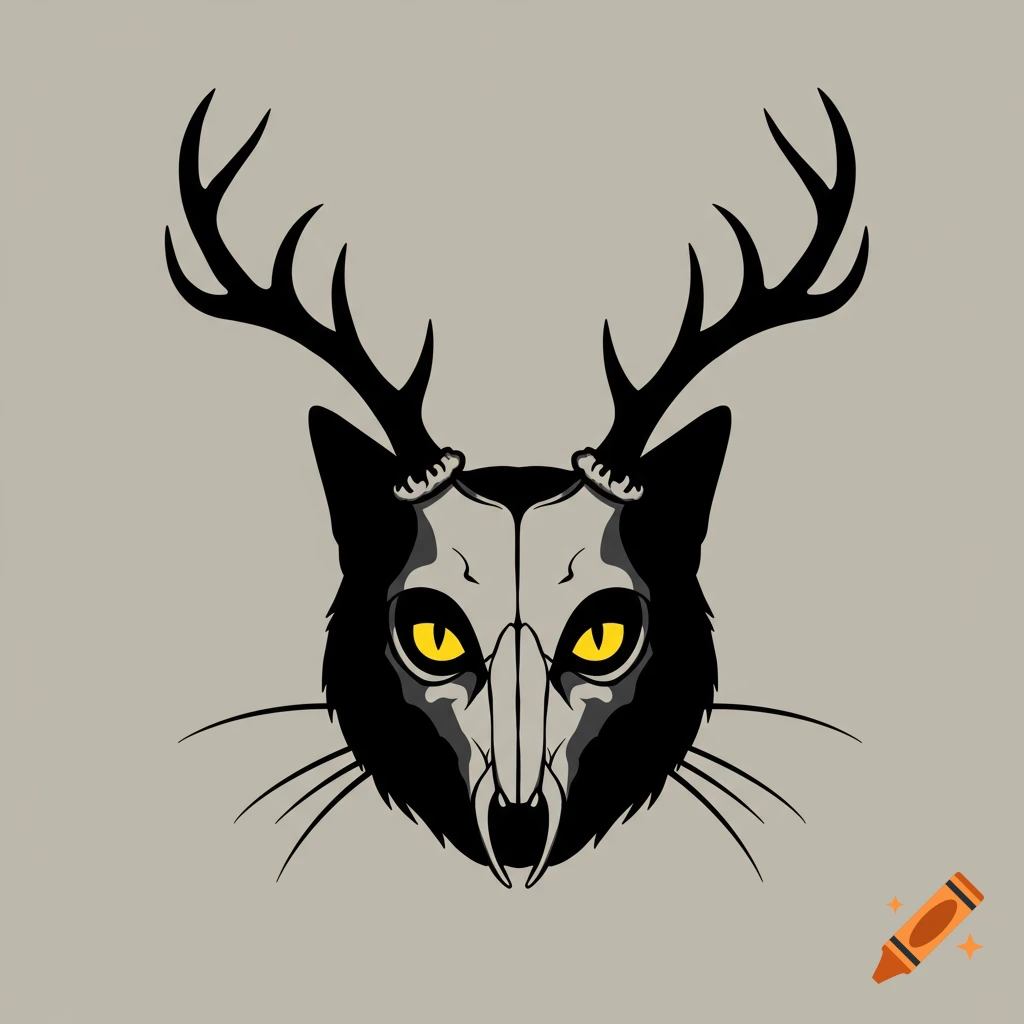 A minimalist, stylized black cat's head with a skull mask and deer antlers, featuring glowing yellow eyes on a grey background.