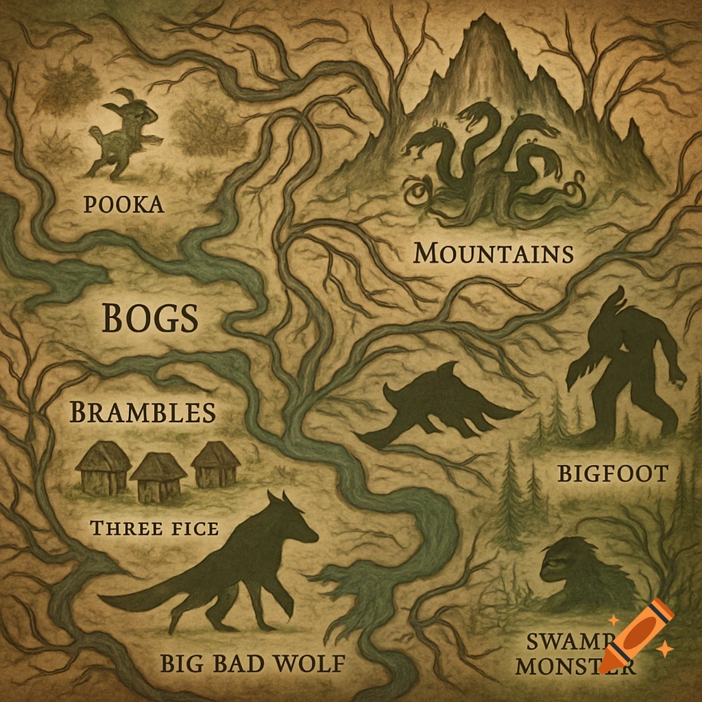A vintage-style fantasy map depicting various locations and creatures like a pooka, bigfoot, big bad wolf, and a swamp monster.