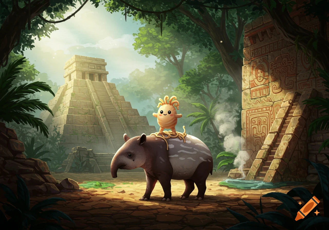 A cute, orange, noodle-like creature rides a tapir through a vibrant jungle with ancient Aztec pyramids and ruins in the background.