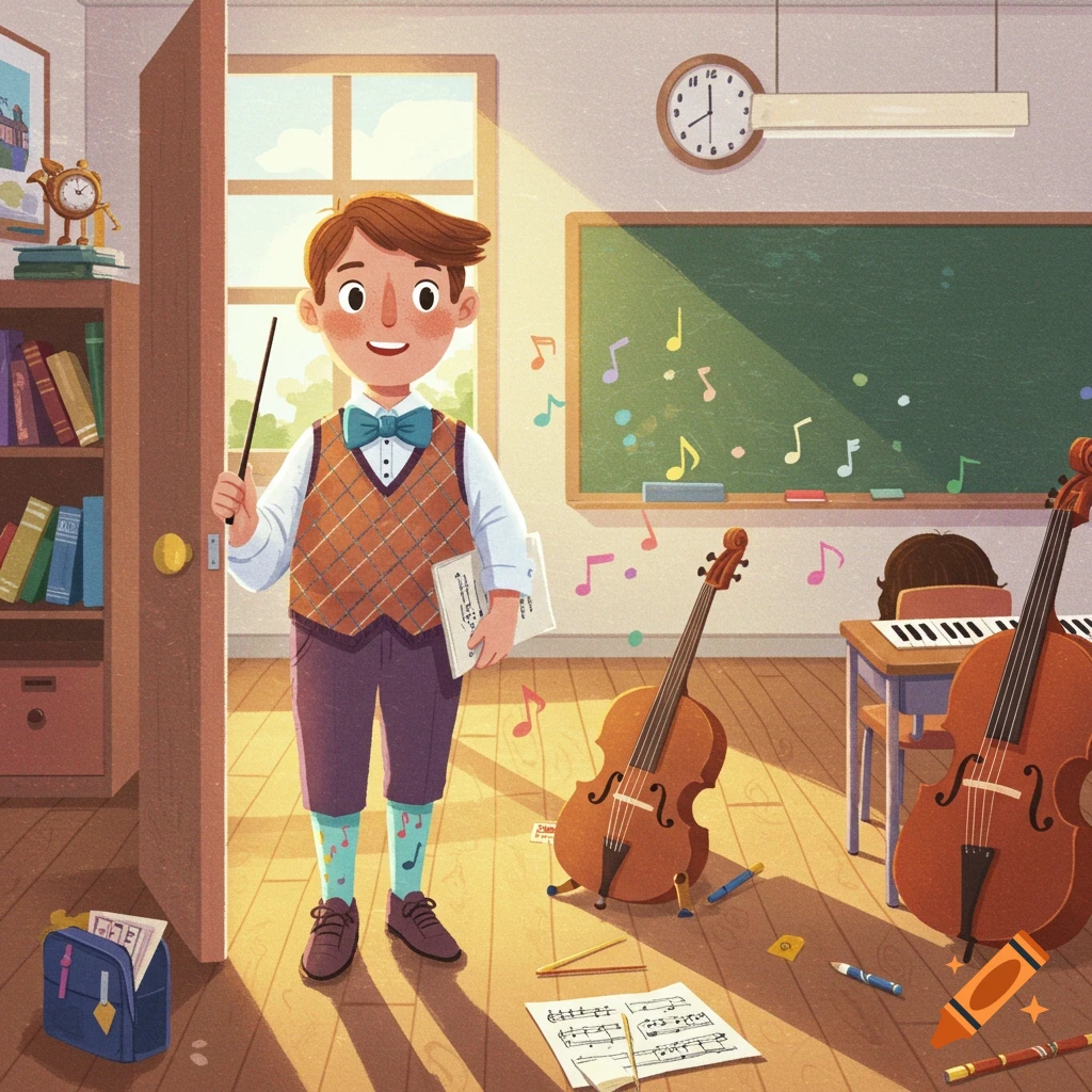 A smiling music teacher stands in a sunlit classroom holding a baton and sheet music, with musical instruments around.