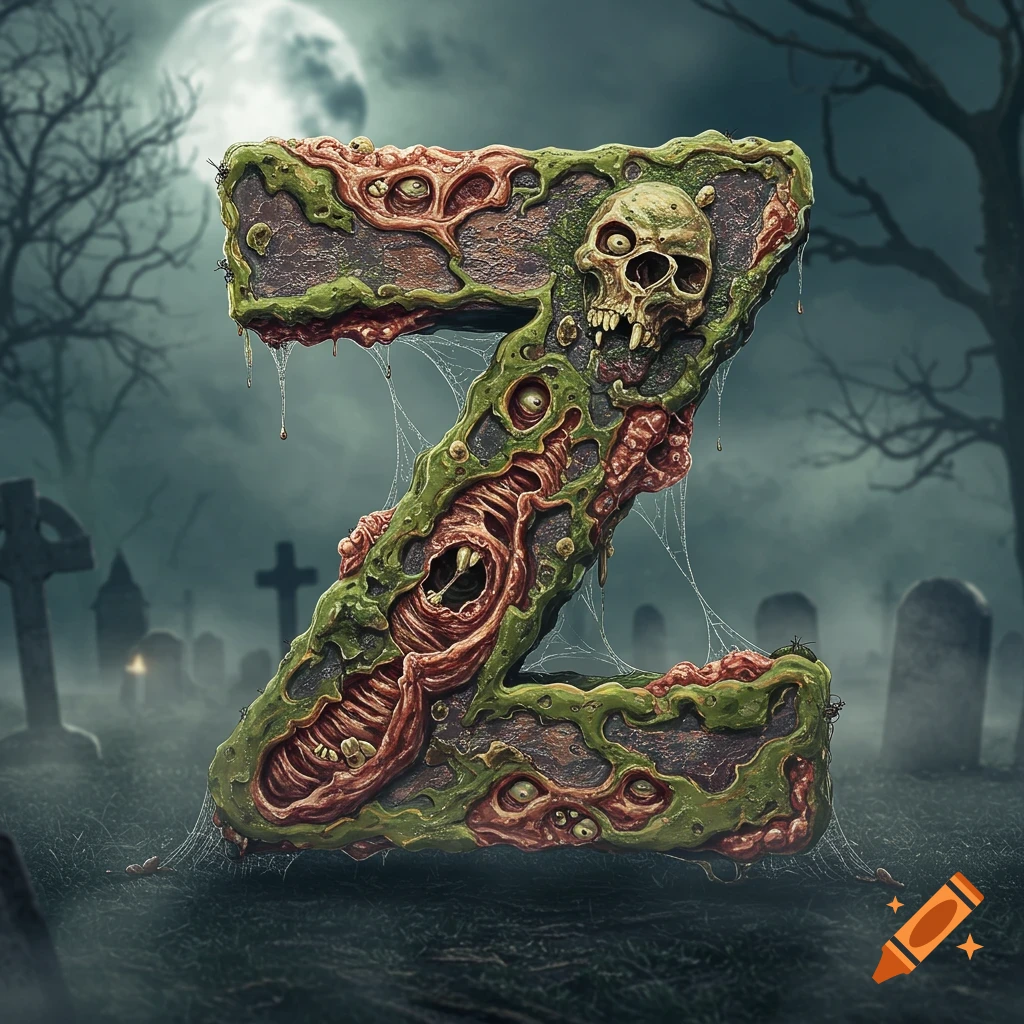 A grotesque zombified letter Z with exposed flesh, eyes, and a skull in a spooky graveyard under a full moon.