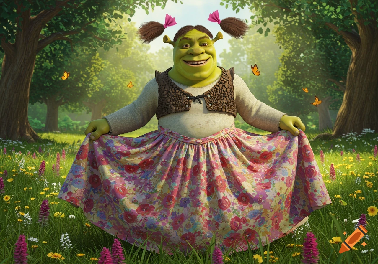 Shrek with pigtails and a pink floral dress standing in a vibrant green field with colorful flowers and trees.