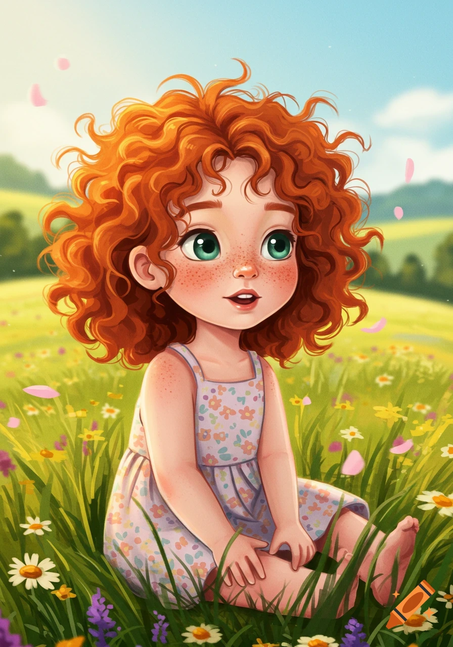 An illustrated cute little girl with red curly hair and freckles sitting in a grassy field of wildflowers.