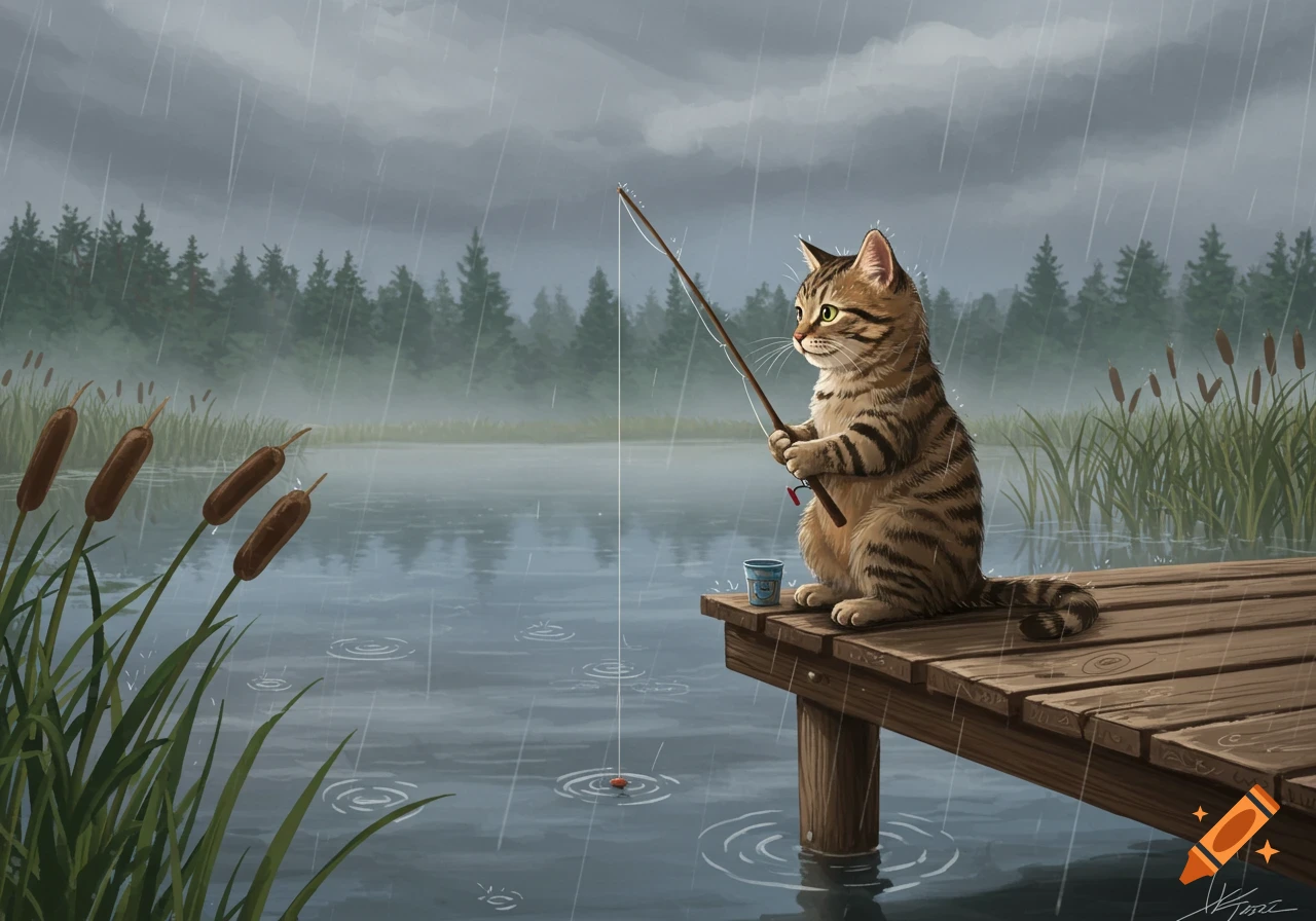 A cute striped cat fishes patiently from a wooden pier on a rainy day, with trees and reeds in the background.