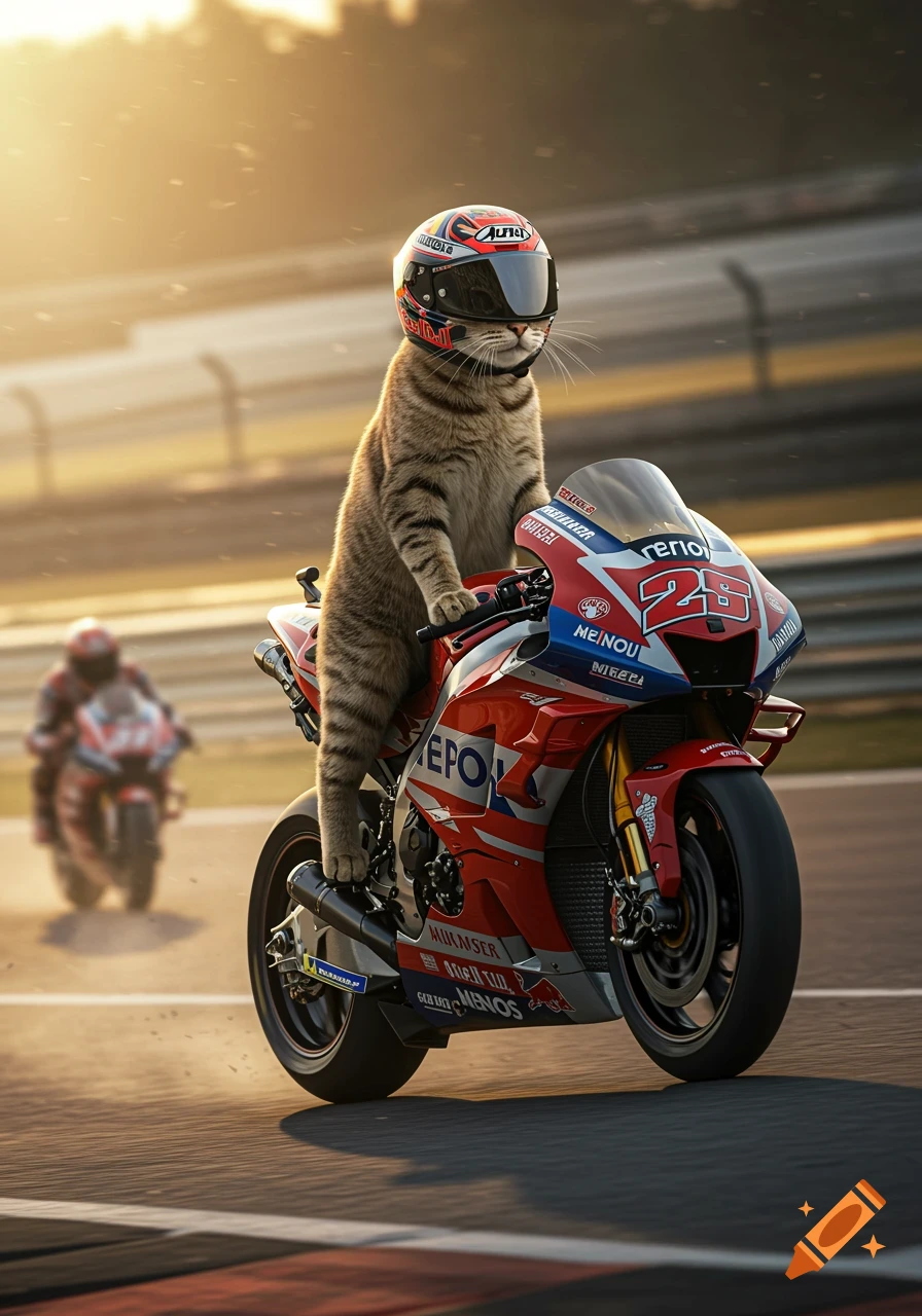 Photorealistic image of a tabby cat wearing a helmet, riding a red and blue MotoGP motorcycle on a racetrack at sunset.