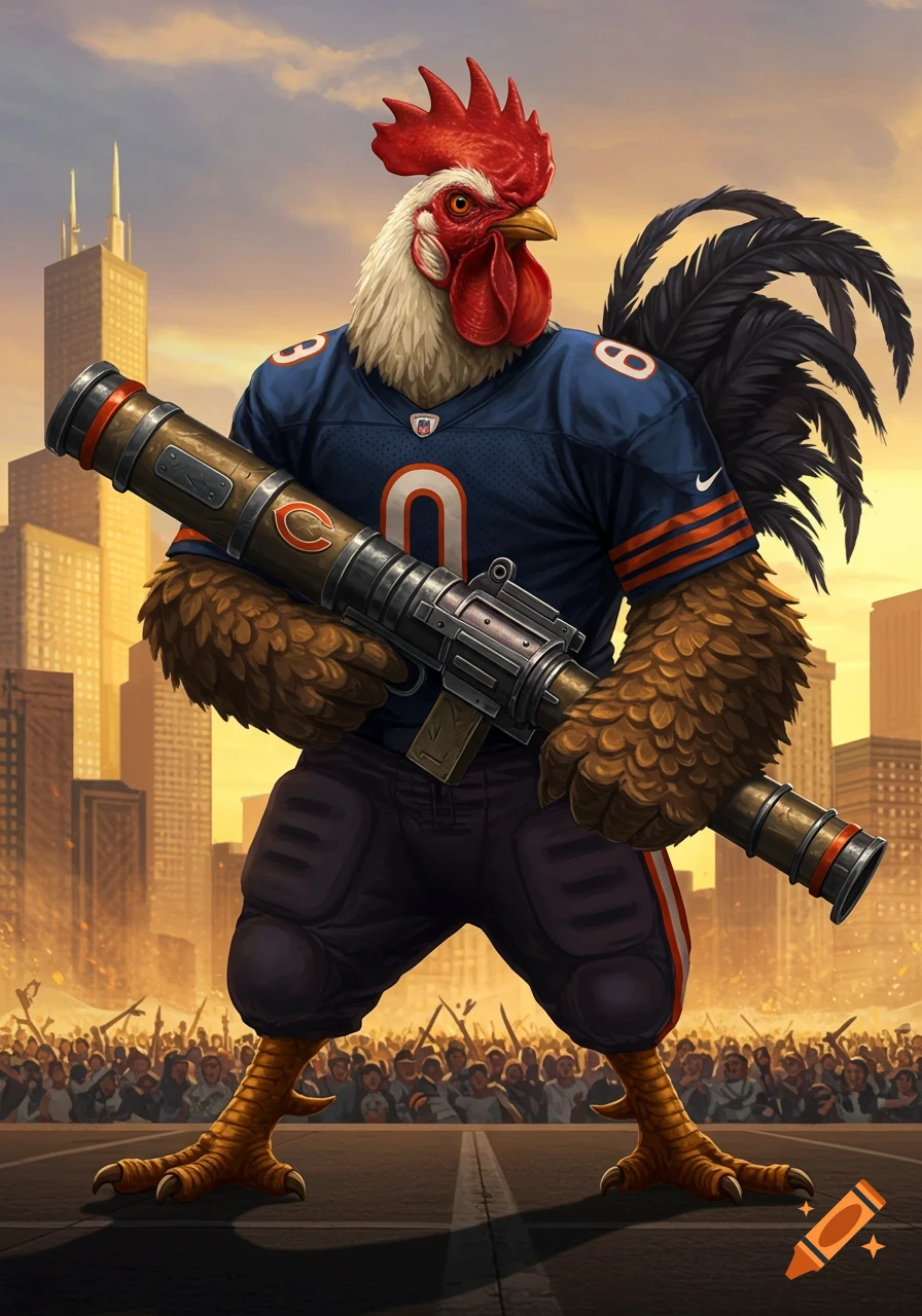 A large anthropomorphic rooster wearing a Chicago Bears football jersey and holding a bazooka stands on a street with a cityscape and crowd in the background at sunset.