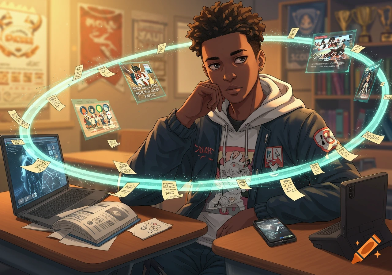 Anime drawing of a Black student at a school desk with a laptop, phone, glowing holographic screens, and floating notes.