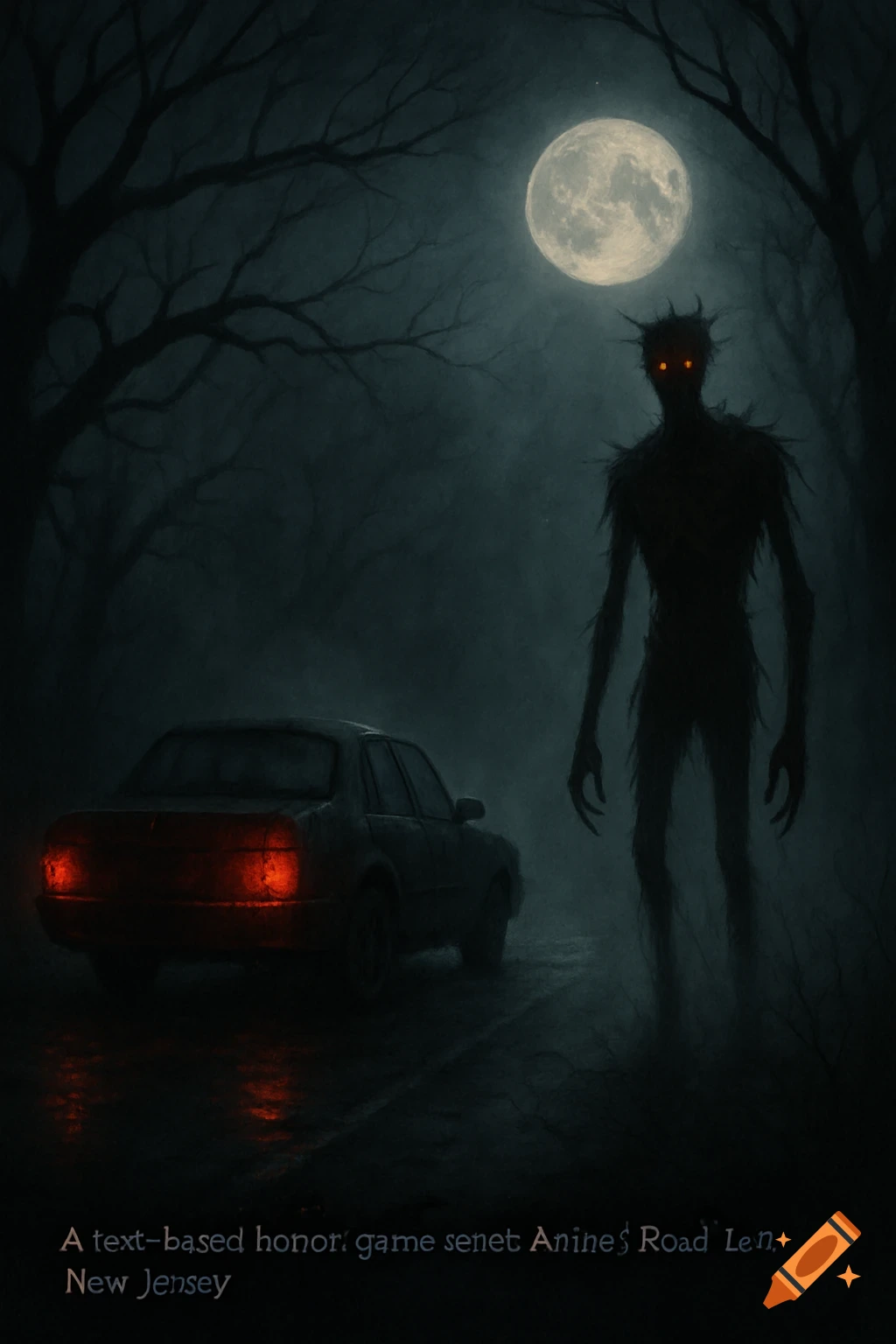 A shadowy, spiky creature with glowing red eyes stands on a dark, wet road next to a car under a full moon in a creepy, gnarled forest.
