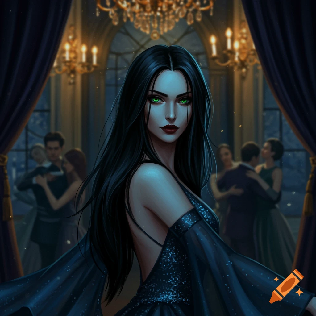 An elegant woman with long black hair and glowing green eyes stands in a dark, ornate ballroom with dancers in the background.