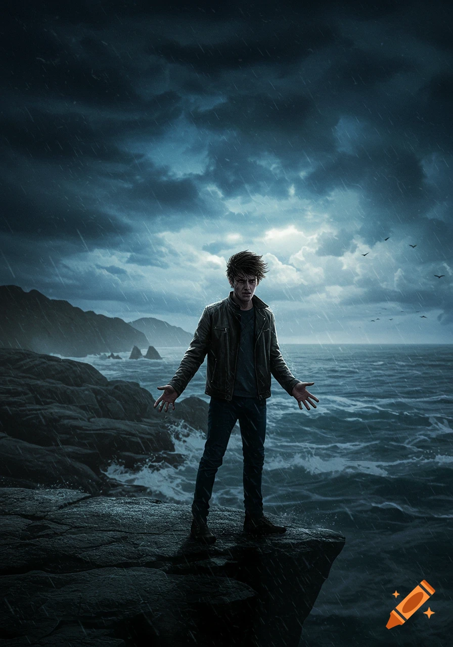 A man stands on a rugged cliff edge overlooking a stormy, dark sea under a raining sky, arms outstretched.