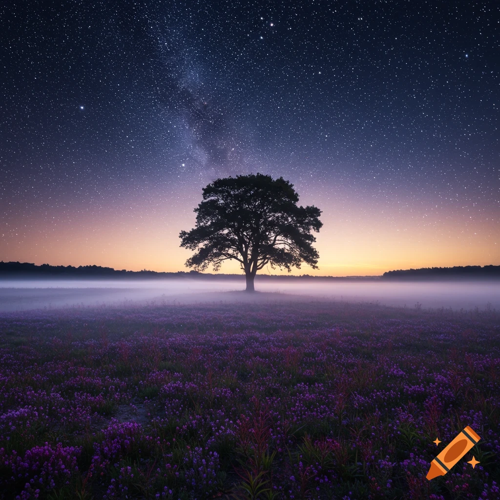 A silhouetted tree stands in a misty field of purple flowers under a starry night sky with the Milky Way visible.