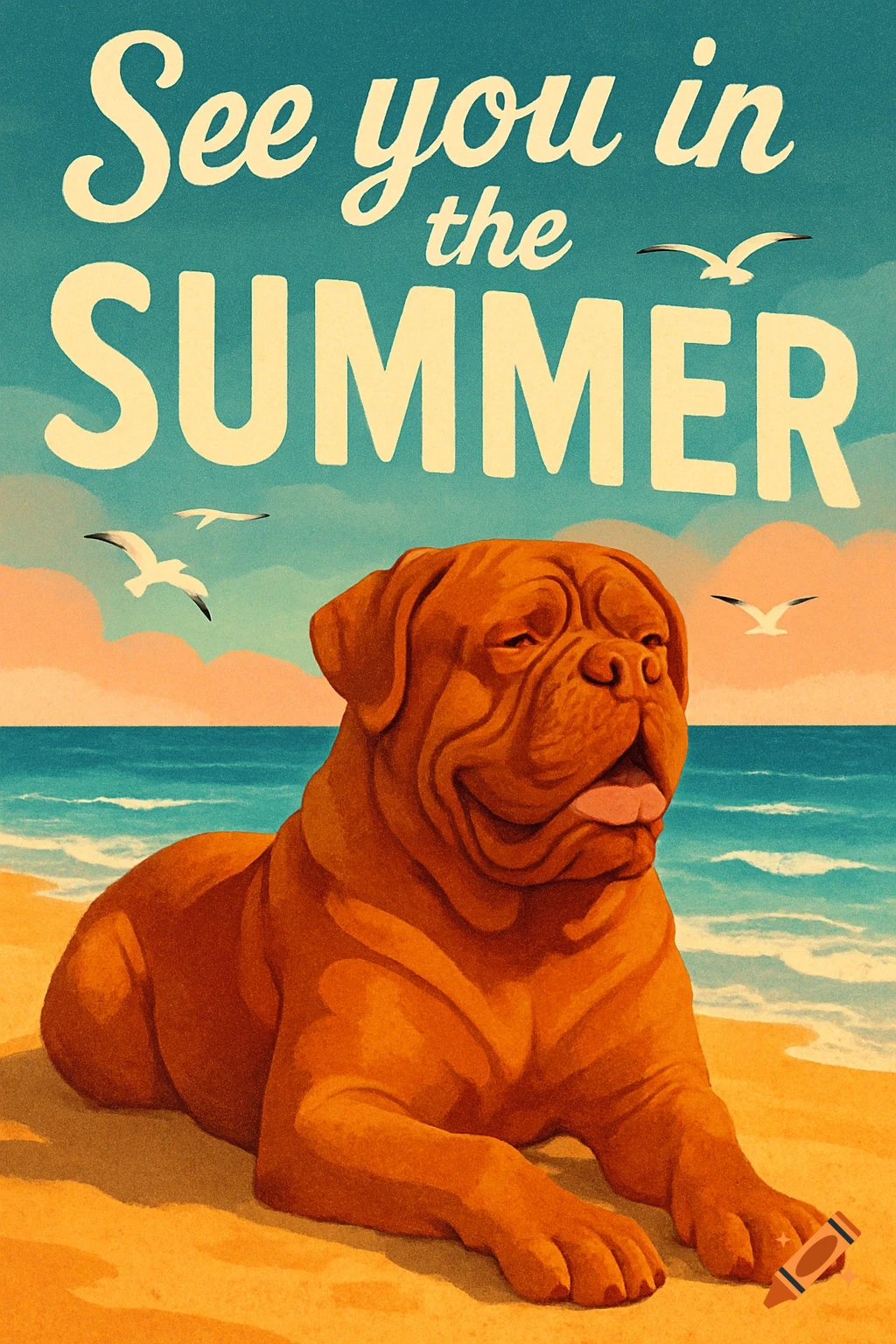 A vintage-style poster illustration of a Dogue de Bordeaux dog lying on a beach with the text 'See you in the SUMMER' and seagulls.