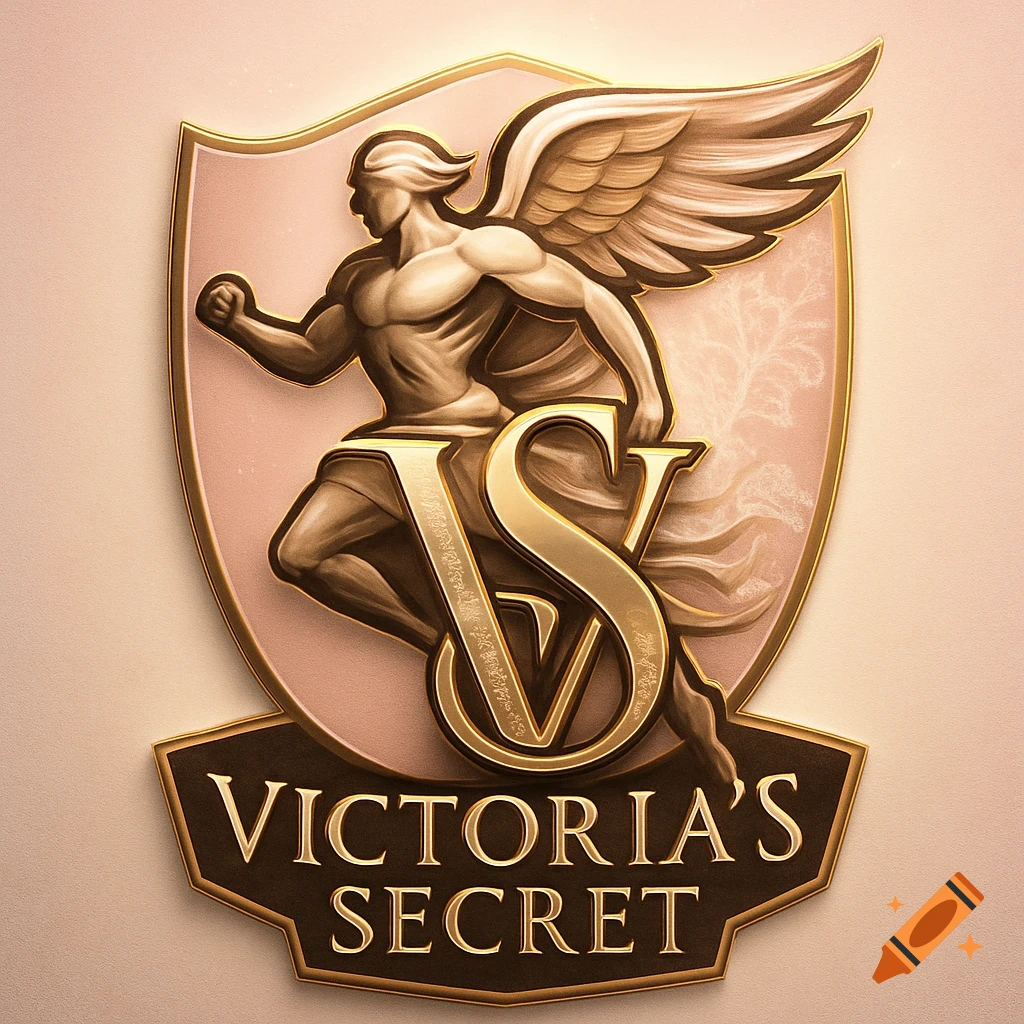 A bronze and gold shield-shaped logo with a running winged male figure and the letters 'VS', with 'VICTORIA'S SECRET' written below.