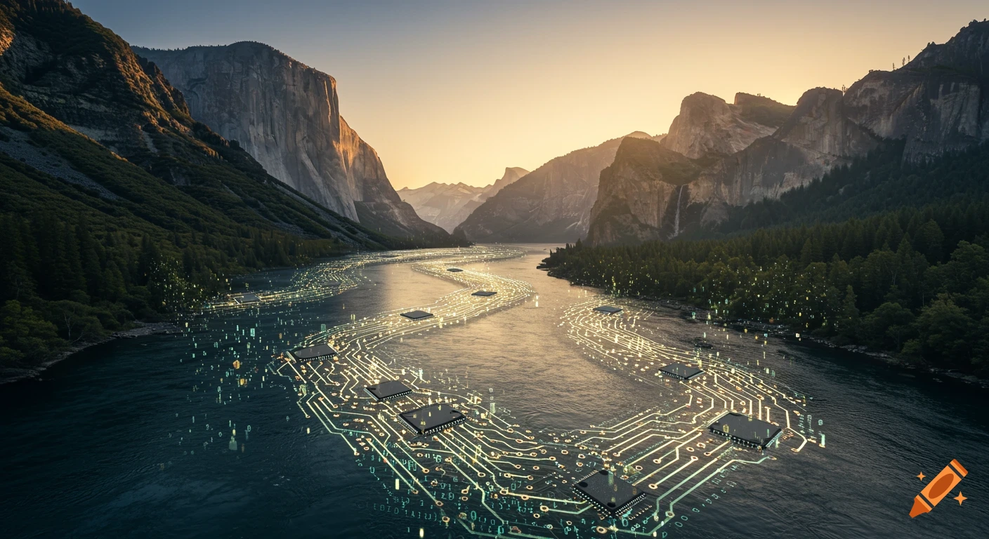 Photorealistic river transformed into a glowing circuit board with microchips, winding through mountains and forests at dawn.