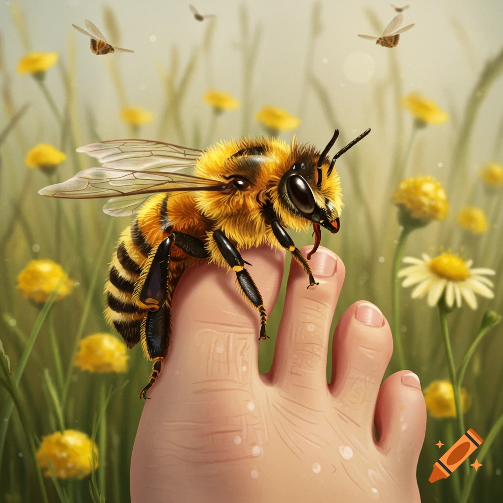 A large, fuzzy bumblebee perches on a human big toe in a field of yellow flowers and green grass, illustration style.