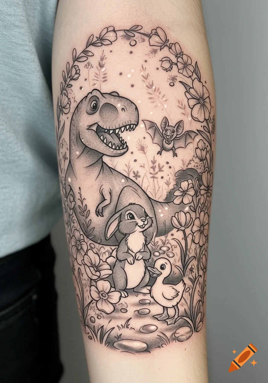 Black and grey cartoon tattoo on an arm featuring a whimsical garden scene with a T-Rex, bunny, bat, and duckling.