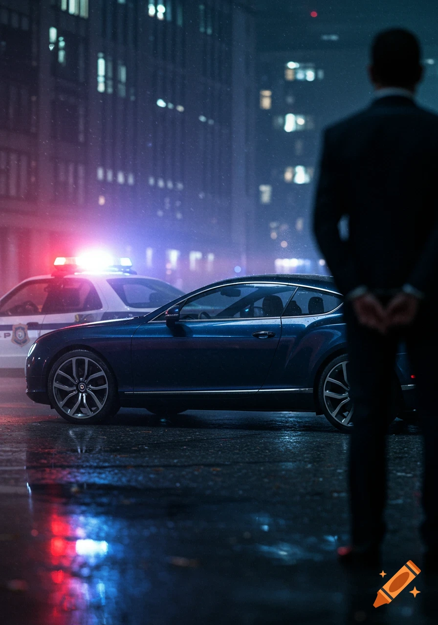 A man in a suit stands in the rain at night, facing a parked blue luxury car and a police car with flashing lights, in a city setting.