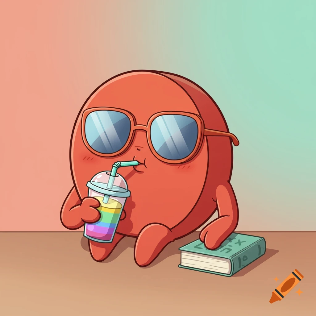 Cartoon red radical symbol character wearing sunglasses, drinking a rainbow smoothie, and sitting next to a green book.