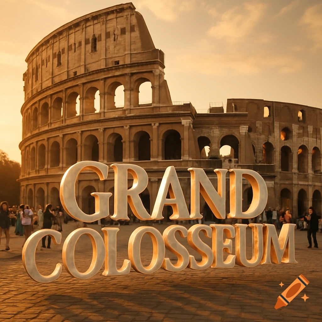 Photorealistic image of the Roman Colosseum at sunset with large 3D words 'GRAND COLOSSEUM' in the foreground.