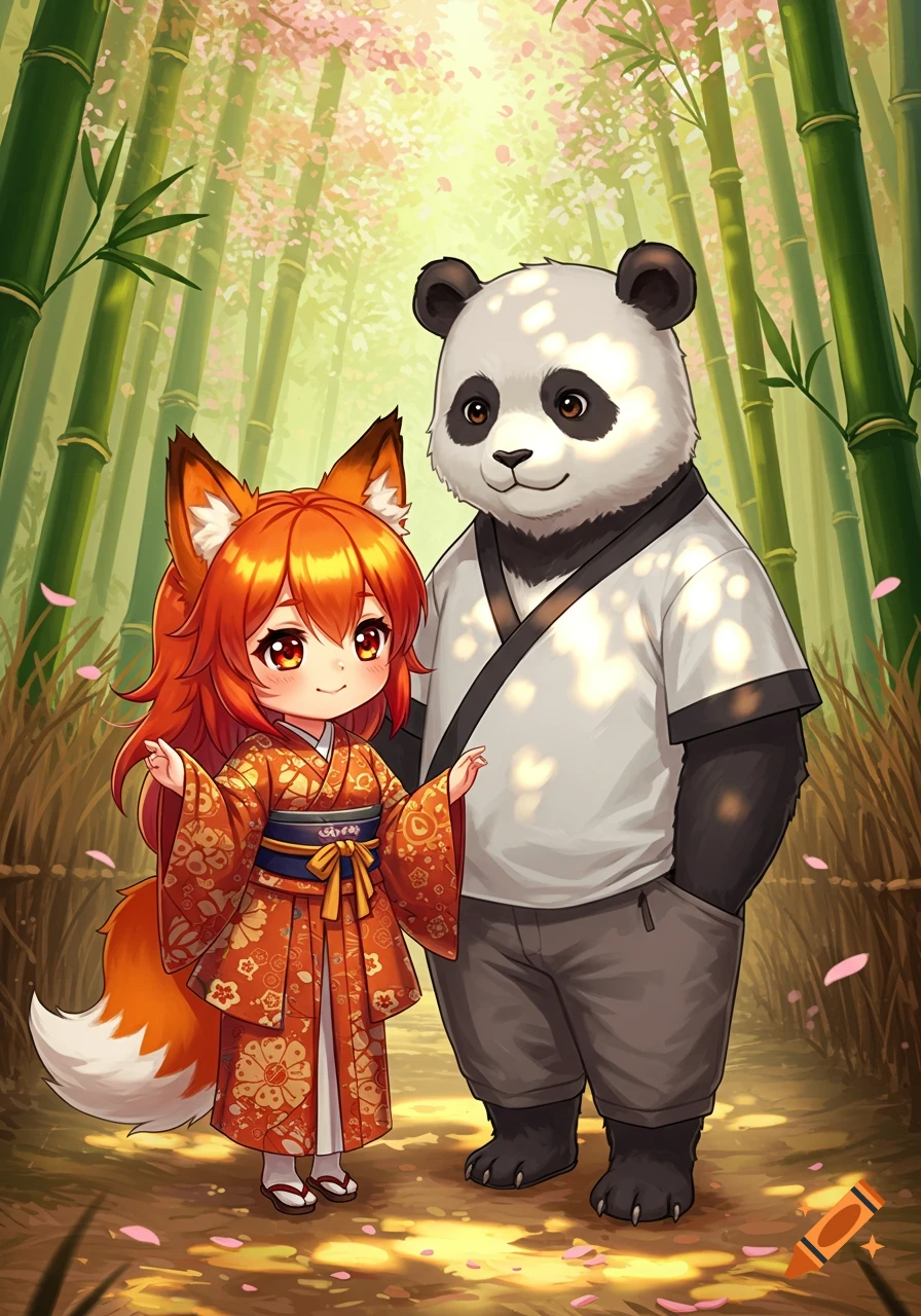 A cute anime fox girl and a panda man stand together in a bamboo forest with pink cherry blossoms.