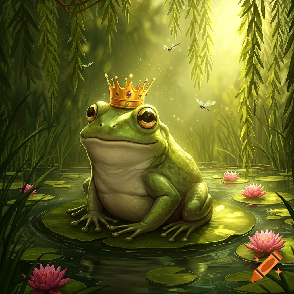 A smiling green frog wearing a golden crown sits on a lily pad in a pond with pink water lilies and willow trees.