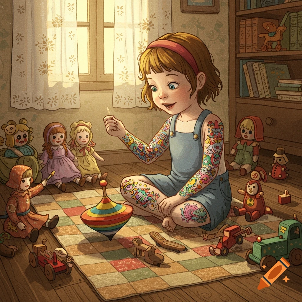 A girl with colorful tattoos on her arms and legs plays with toys on a patterned rug in a sunlit room, in a whimsical, old-fashioned children's book style.
