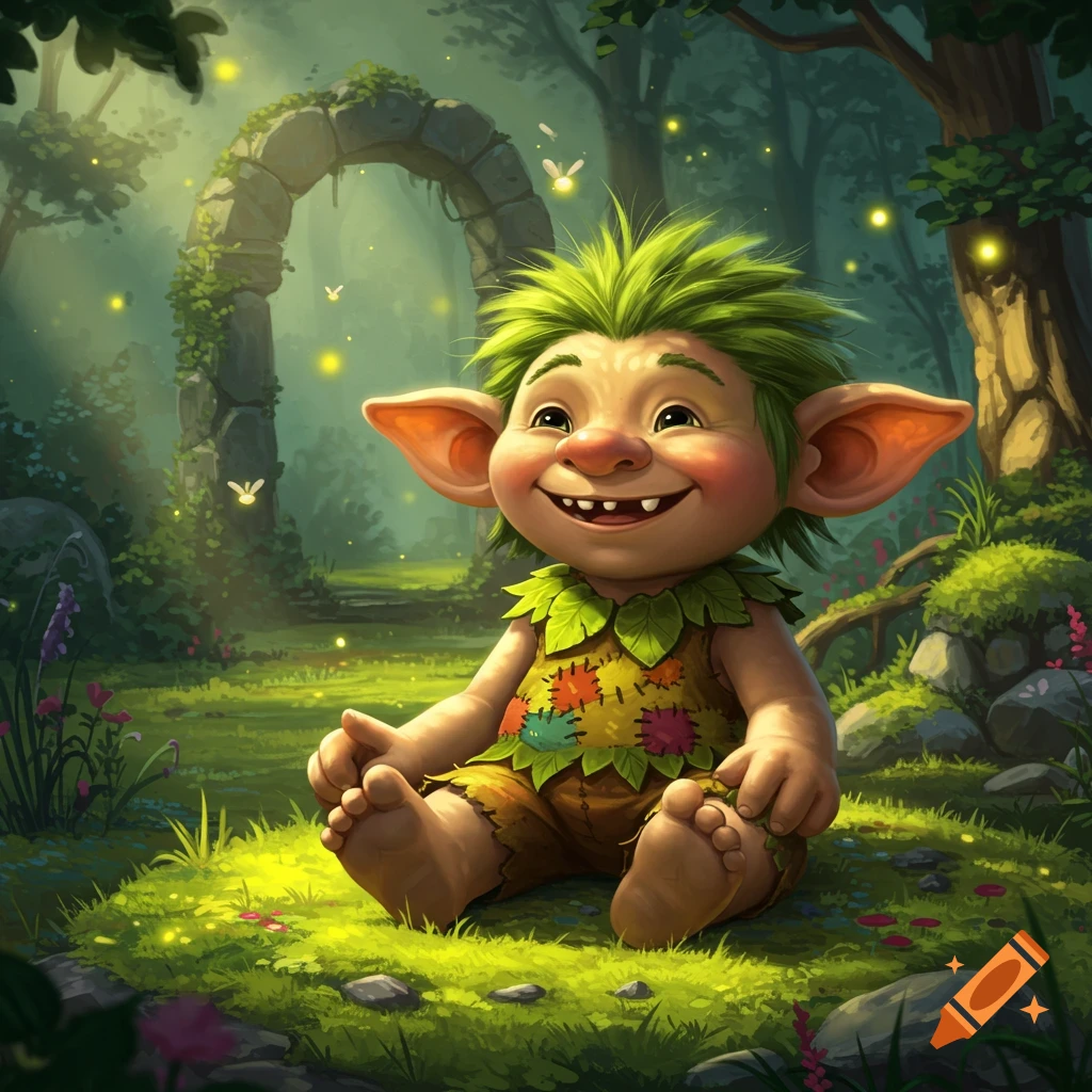 A cute green-haired troll with big ears and a leaf outfit smiles happily while sitting in a sunny, mystical forest with fireflies.